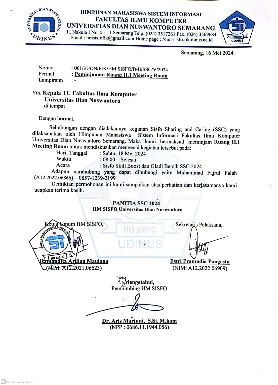 Surat Peminjaman H.1 Meeting Room untuk Gladi